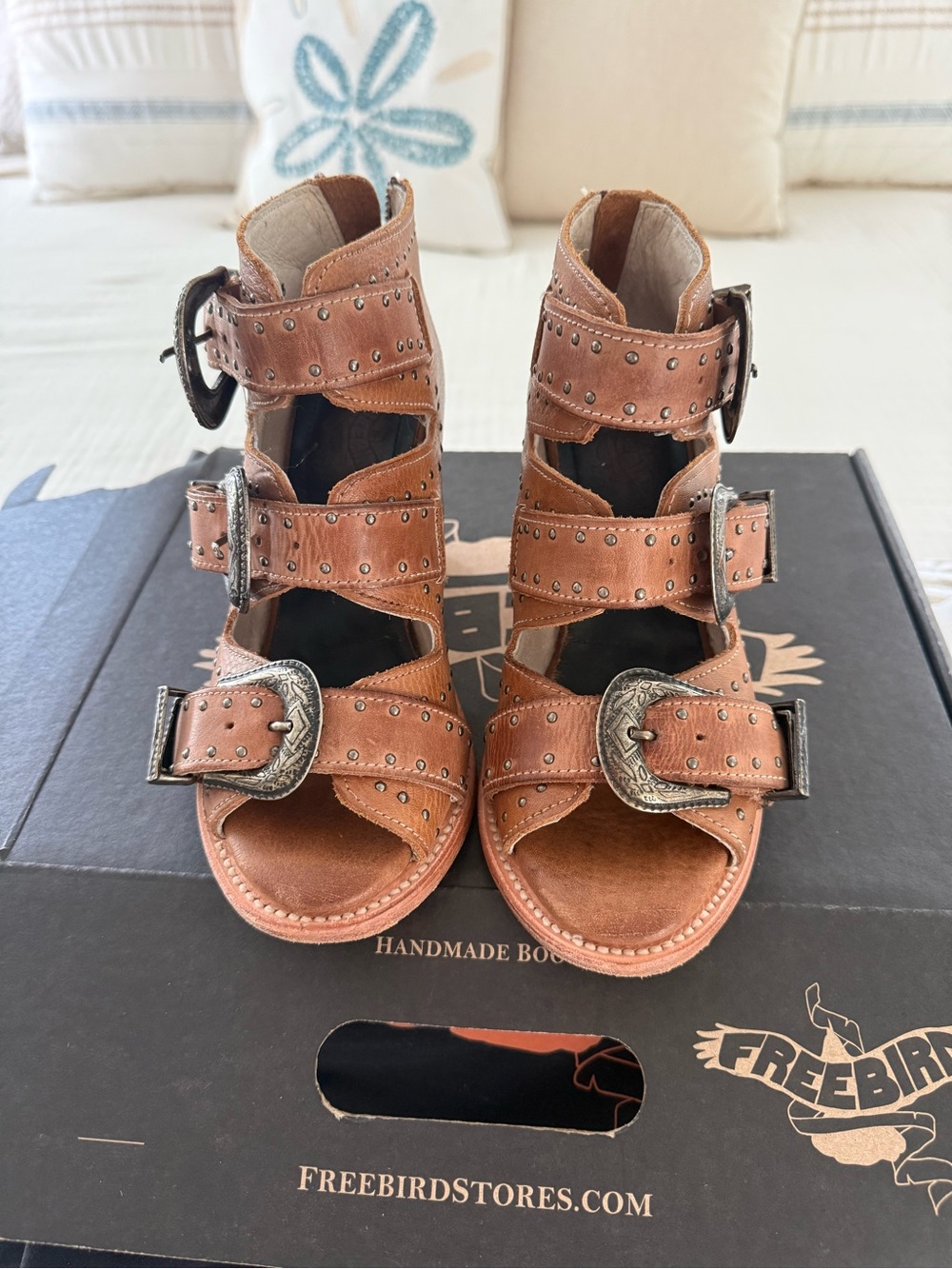 Freebird by Steven Tan Leather Studded Buckle Gladiator Heels